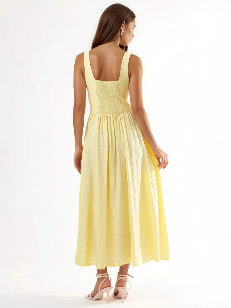 Busem Lemon Yellow BUSEM Solid Midi Dress with Square Collar for Women | Best Price UAE