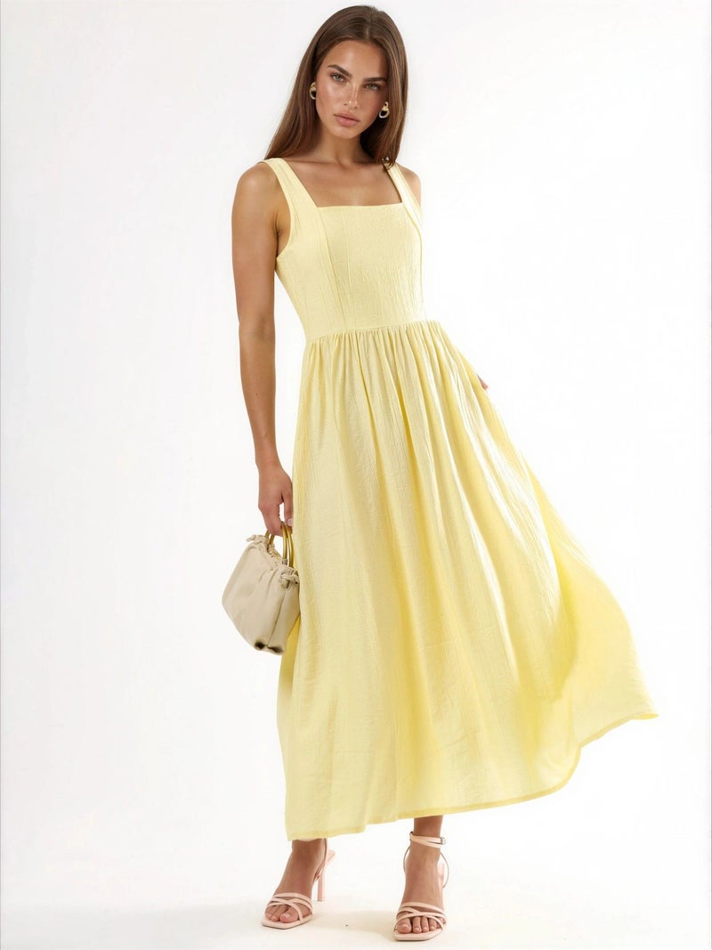BUSEM Solid Midi Dress with Square Collar - Image 1