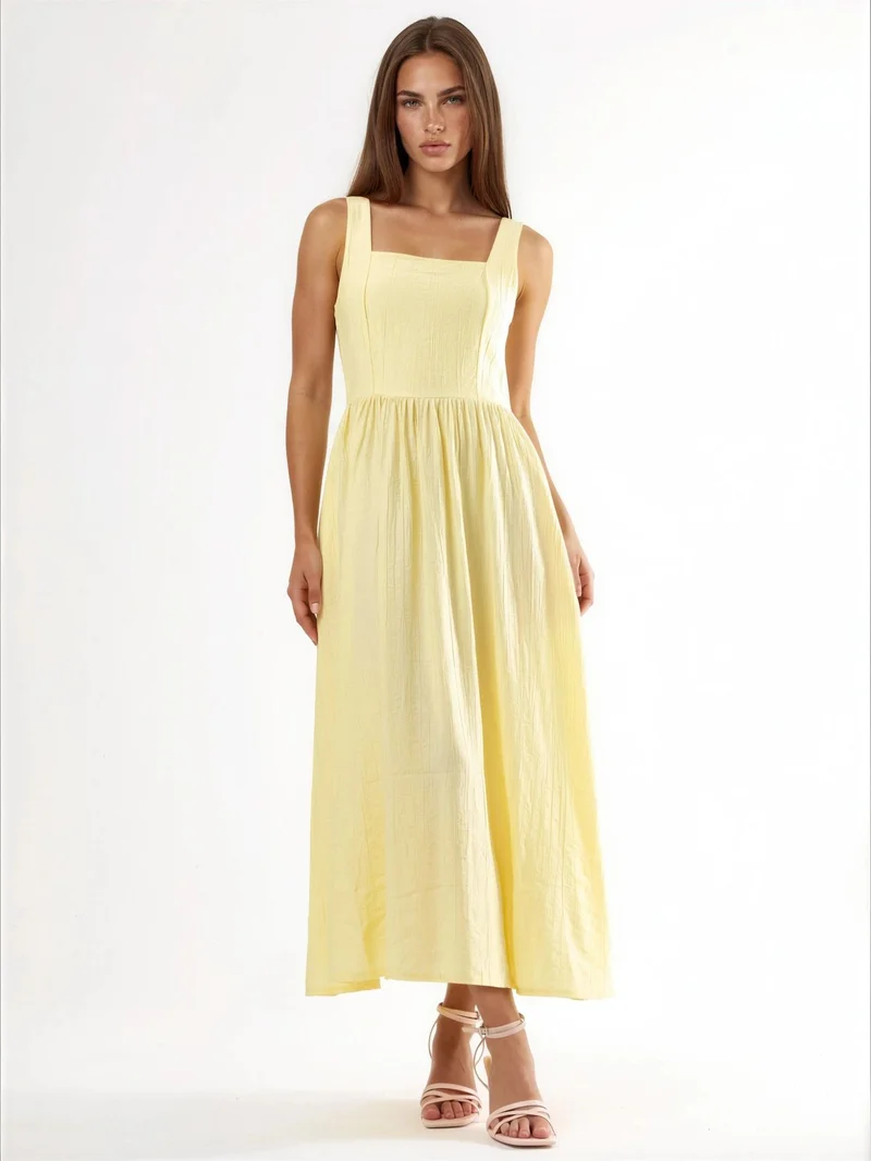 Busem Lemon Yellow BUSEM Solid Midi Dress with Square Collar for Women | Best Price UAE