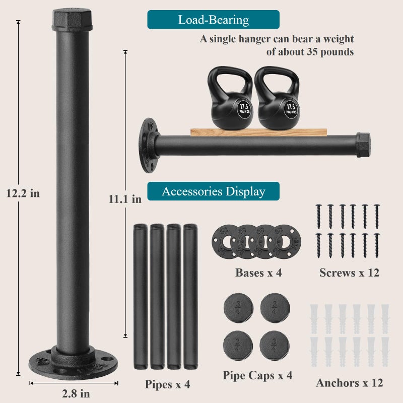 Cazzon Cast Iron Wall Mounted Clothes Rack, Heavy Duty Industrial Pipe Clothing Rack for Hanging Clothes, Garment Racks for Wardrobe Organizers and Storage, DIY Closet Rods Closet Bar (Black 4 Pack, 12 in) - Image 2