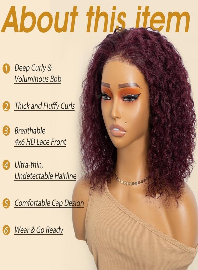 JOEDIR HAIR Human Hair Wig Curly Glueless Wig for Women 4x6 HD Lace Front Wig Bob Wig Free Part 200% High Density (99J, 12 inches) - Image 3