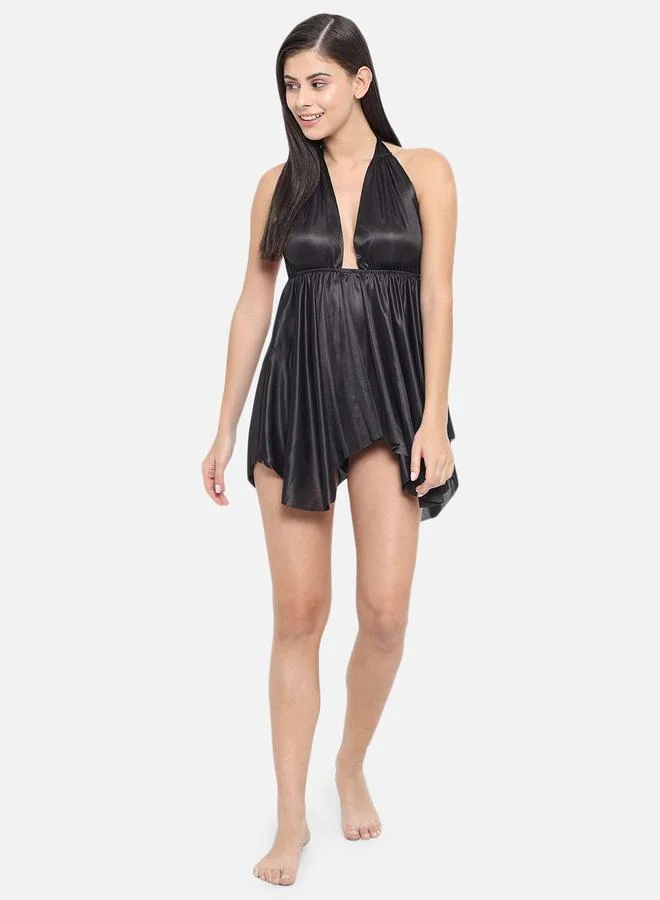 Take Two Solid Halter Neck Asymmetric Hem Satin Babydoll By Klamotten