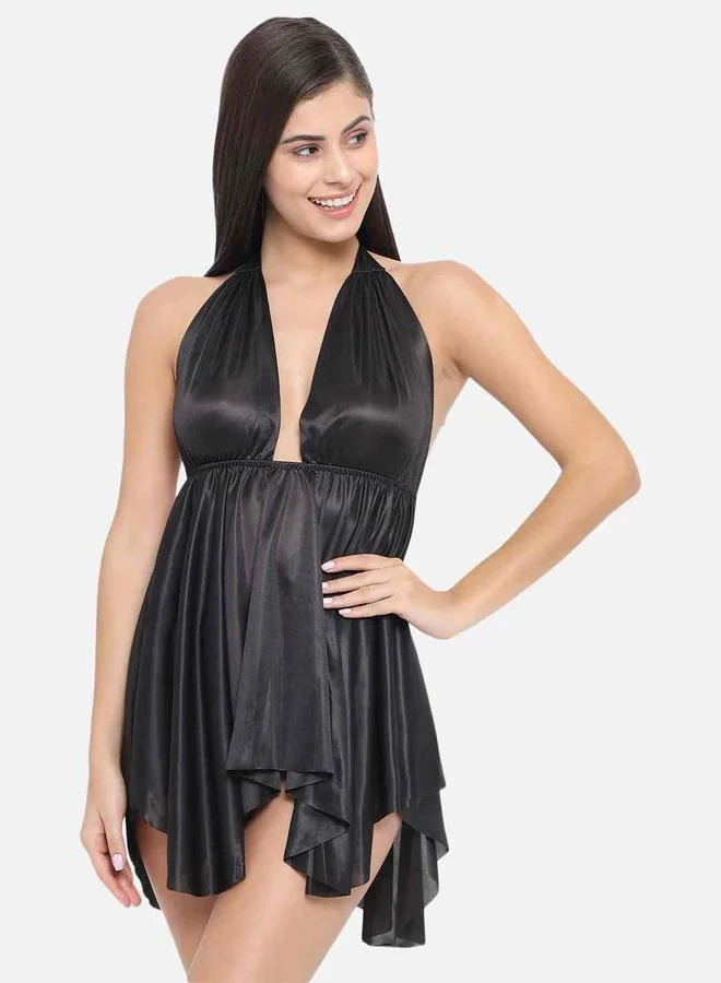 Take Two Solid Halter Neck Asymmetric Hem Satin Babydoll By Klamotten