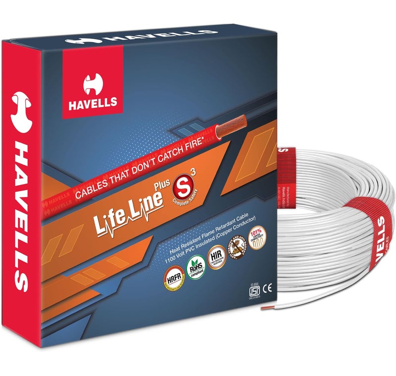 Havells LifeLine+ S3 | 1.5 sq.mm Copper Wire (180m-White)| Class 2 Conductor (100% Copper), Heat Resistant & Flame Retardant - Ideal for Domestic & Industrial Use (WHFFDNWL11X57) - Image 1