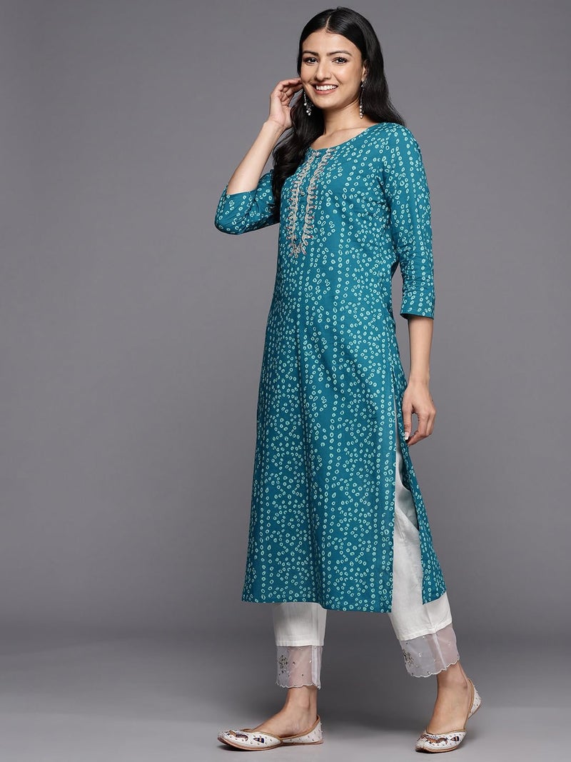 Varanga Women's Cotton Kurta (VKUR1103_Turquoise Blue - Image 2