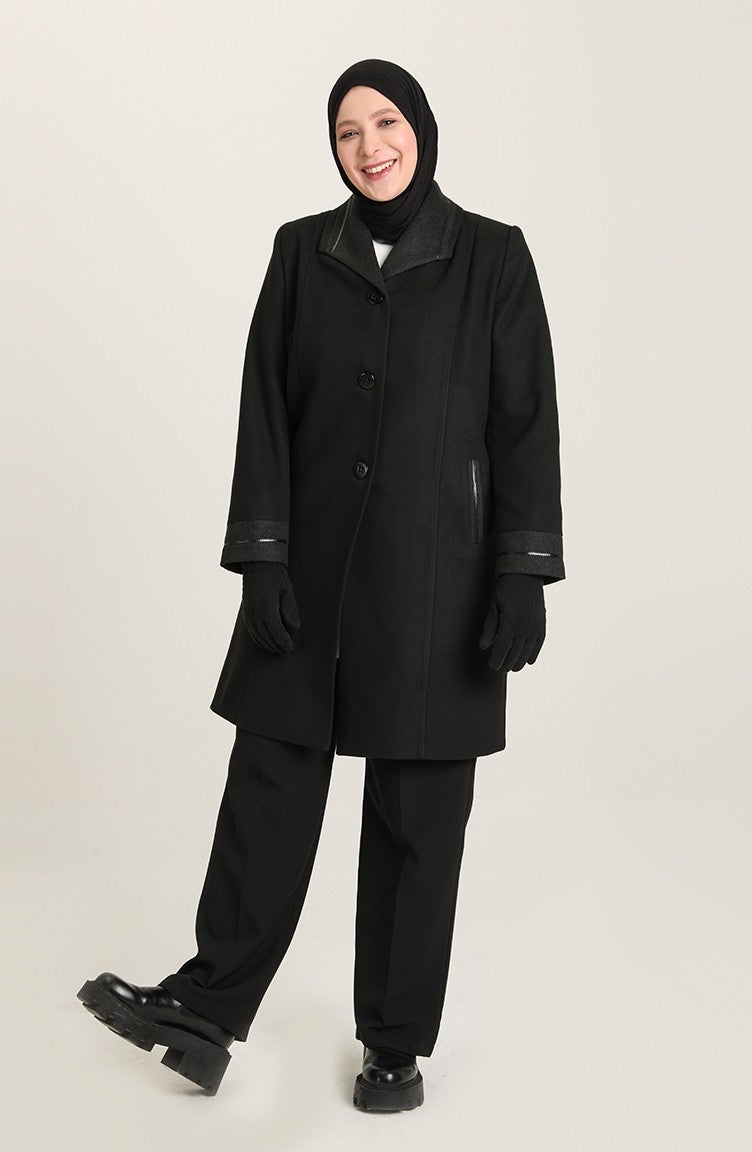 Sefa Merve Plus Size Buttoned Cashmere Coat 0328-02 Black - Image 1