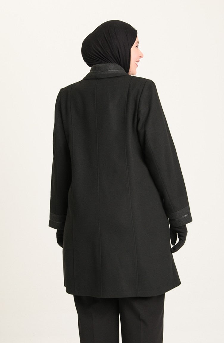 Sefa Merve Plus Size Buttoned Cashmere Coat 0328-02 Black - Image 3