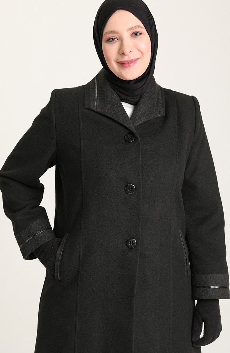 Sefa Merve Plus Size Buttoned Cashmere Coat 0328-02 Black - Image 4