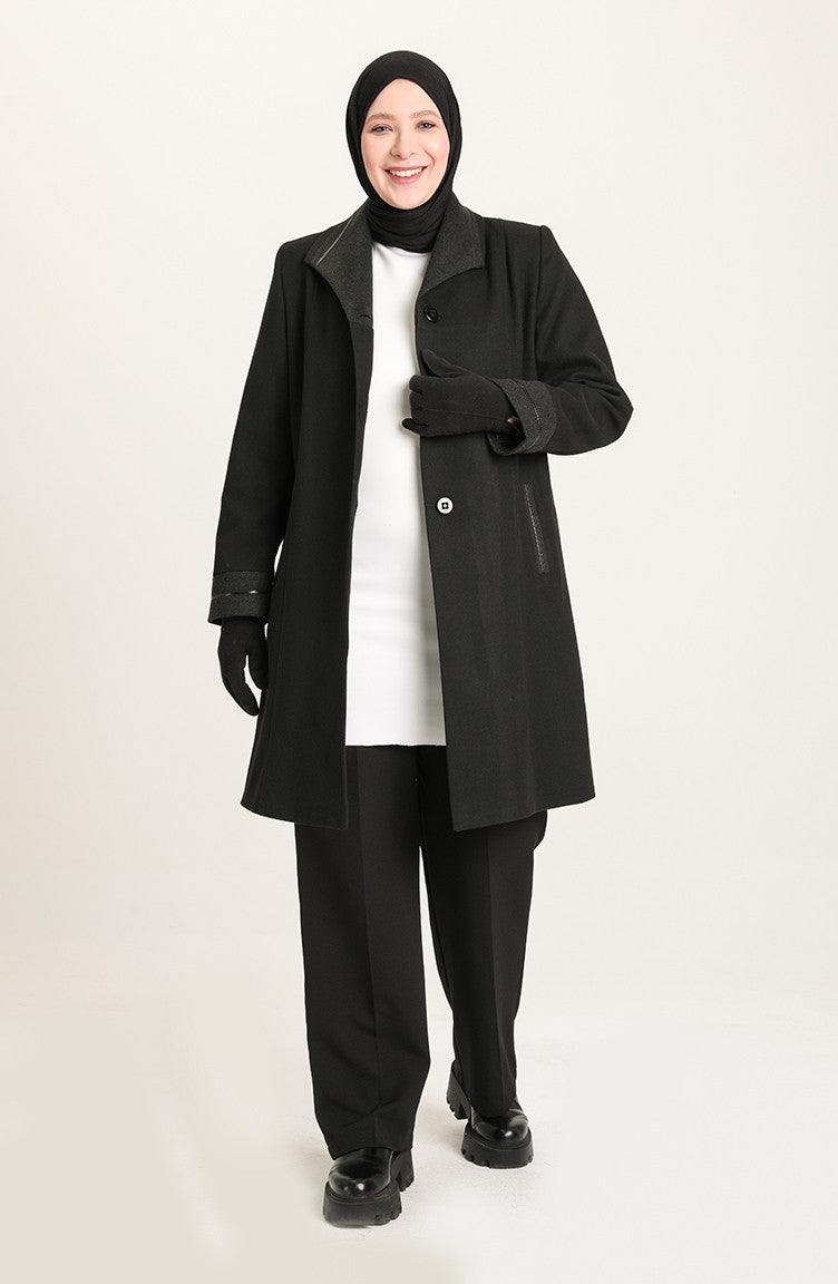 Sefa Merve Plus Size Buttoned Cashmere Coat 0328-02 Black - Image 2