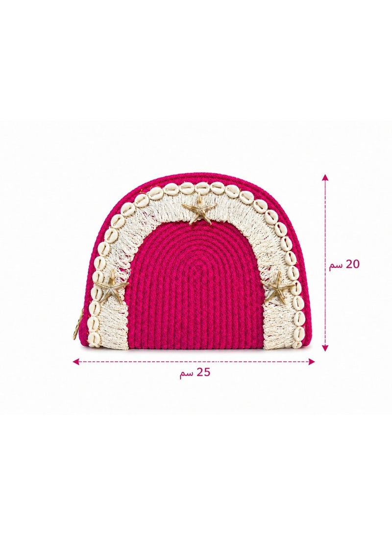 LIFESTYLISH Women's Woven Raffia Clutch Bag with Shell & Fringe Details Fuchsia - ZK-2 - Image 1