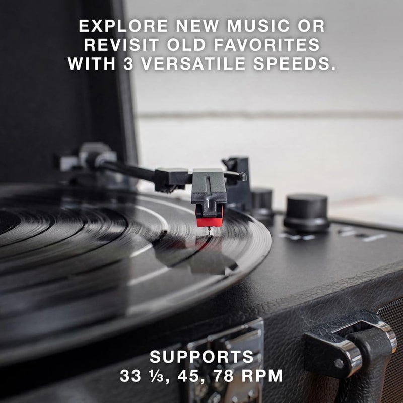 Victrola Vintage 3-Speed Bluetooth Portable Suitcase Record Player with Built-in Speakers - Light Denim Blue Linen - Image 3