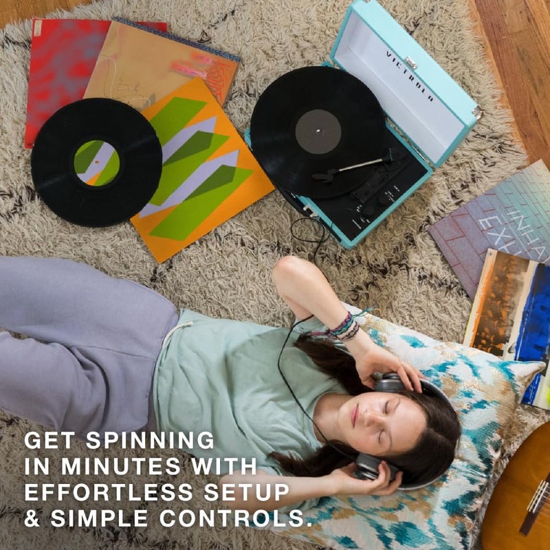 Victrola Vintage 3-Speed Bluetooth Portable Suitcase Record Player with Built-in Speakers - Light Denim Blue Linen - Image 5