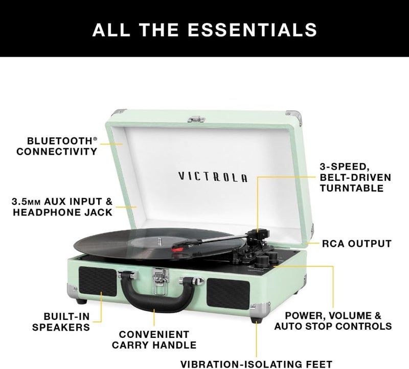 Victrola Vintage 3-Speed Bluetooth Portable Suitcase Record Player with Built-in Speakers - Light Denim Blue Linen - Image 2