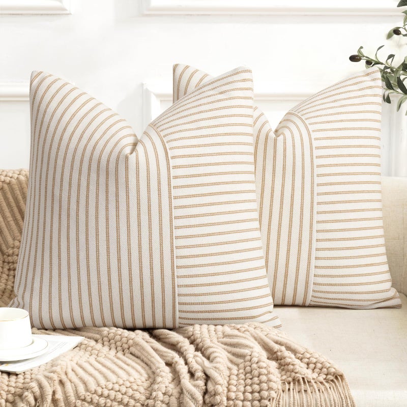 YCOLL Farmhouse Pillow Covers 18x18, Modern Accent Square Throw Pillow Covers Set of 2, Khaki and Beige Striped Patchwork Linen Decorative Pillows Cushion Covers for Couch Chair Bedroom Home Decor - Image 1