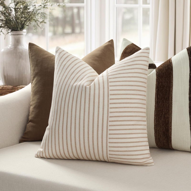 YCOLL Farmhouse Pillow Covers 18x18, Modern Accent Square Throw Pillow Covers Set of 2, Khaki and Beige Striped Patchwork Linen Decorative Pillows Cushion Covers for Couch Chair Bedroom Home Decor - Image 3