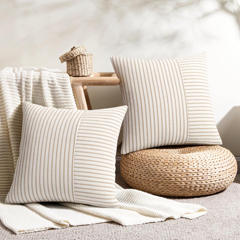 YCOLL Farmhouse Pillow Covers 18x18, Modern Accent Square Throw Pillow Covers Set of 2, Khaki and Beige Striped Patchwork Linen Decorative Pillows Cushion Covers for Couch Chair Bedroom Home Decor - Image 2