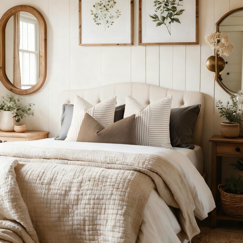 YCOLL Farmhouse Pillow Covers 18x18, Modern Accent Square Throw Pillow Covers Set of 2, Khaki and Beige Striped Patchwork Linen Decorative Pillows Cushion Covers for Couch Chair Bedroom Home Decor - Image 5