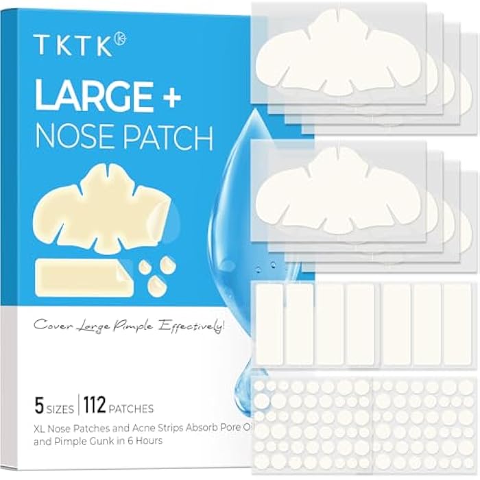 TKTK Hydrocolloid Nose Patches, XL Nose Pore Strips 91 x 48 mm, Large Hydrocolloid Acne Pimple Patches for Face, Cover Zit Blemishes & Absorb Oil (Nose Contoured, Strip, Dots 5 Sizes 112 Count) - Image 1