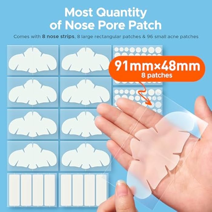 TKTK Hydrocolloid Nose Patches, XL Nose Pore Strips 91 x 48 mm, Large Hydrocolloid Acne Pimple Patches for Face, Cover Zit Blemishes & Absorb Oil (Nose Contoured, Strip, Dots 5 Sizes 112 Count) - Image 2