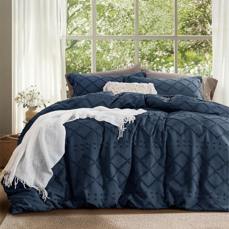 Bedsure Boho Duvet Cover Queen Size - Navy Breathable & Soft Boho Bedding, Machine Washable Comforter Cover for All Seasons, Includes 1 Duvet Cover 90"x90" with 2 Pillow Shams & Zipper Closure - Image 1