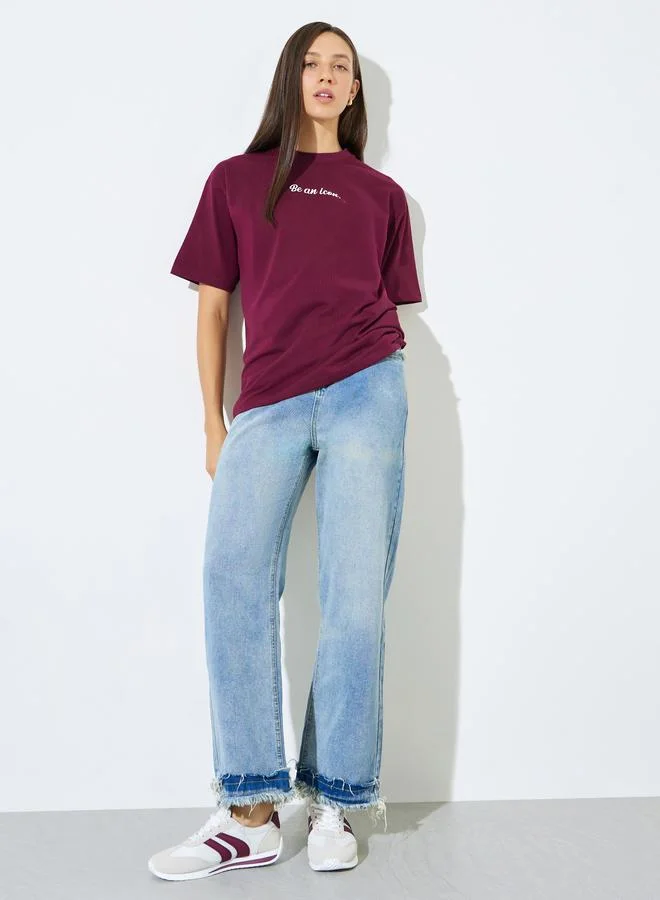 Styli Red Slogan Print Short Sleeves Oversized T-Shirt