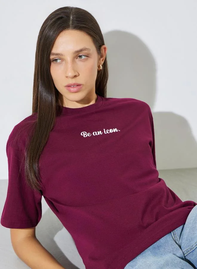 Styli Red Slogan Print Short Sleeves Oversized T-Shirt