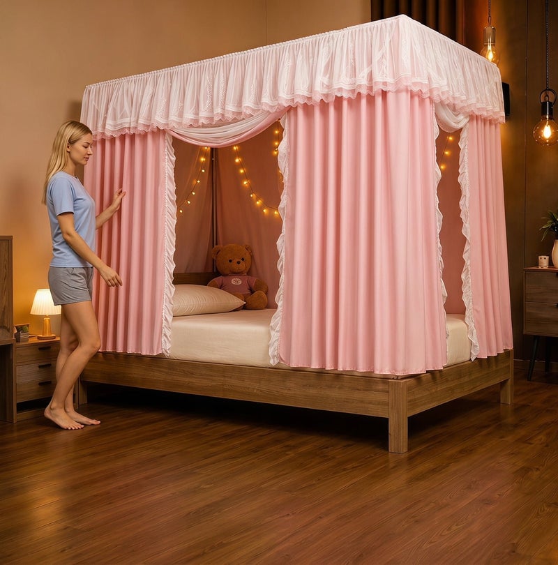 Bluejw Bed Canopy Tents Curtain Blackout Single Bed Tent Student Shading Cloth Canopy Dormitory Mosquito Net Sleep Privacy Protection with Frame for Children Bedroom Pink - Image 1