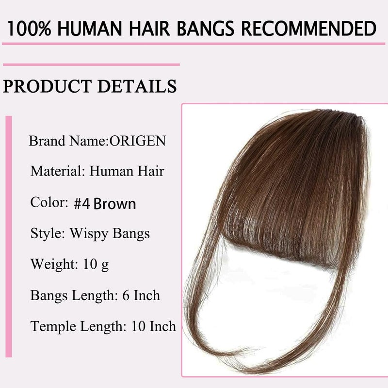 ORIGEN Clip in Bangs Real Human Hair Clip on Wispy Bangs Fringe with Temples Hairpieces Fake Front Bangs Extensions for Women Medium Brown Hair Color - Image 2