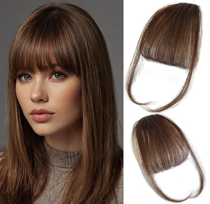 ORIGEN Clip in Bangs Real Human Hair Clip on Wispy Bangs Fringe with Temples Hairpieces Fake Front Bangs Extensions for Women Medium Brown Hair Color - Image 1