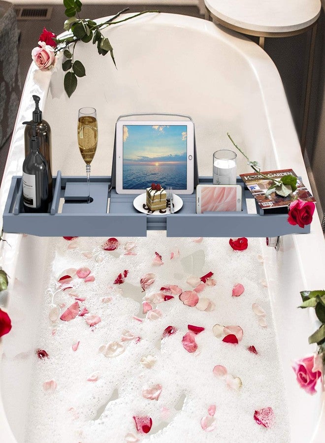 Domax Bathtub Caddy Tray Expandable Bamboo Tub Tray for Luxury Bath with Book Holder and Free Soap Dish (Gray, 29.4"-44.2"x 9.1"x1.65") - Image 2