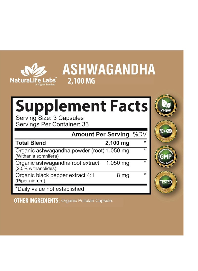NaturaLife Labs Organic Ashwagandha 2100 mg 100 Veggie 33 Servings - Image 2