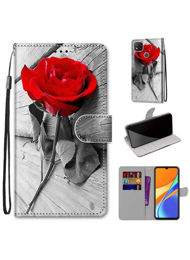HuHa Case Cover For Xiaomi Redmi 9C Coloured Drawing Cross Texture Horizontal Flip PU Leather Case with Holder & Card Slots & Wallet & Lanyard Wood Red Rose 