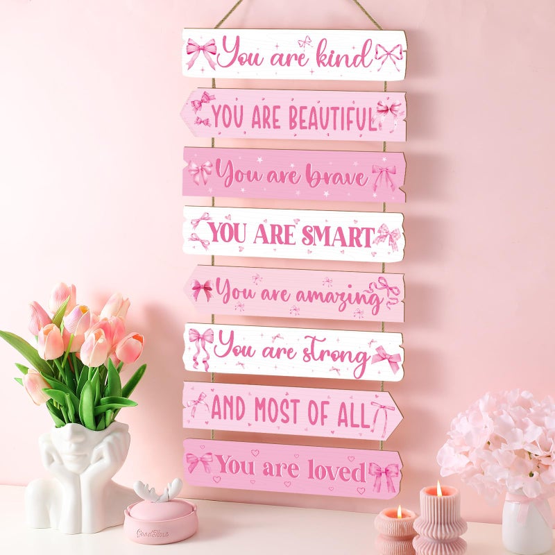 Qunclay Inspirational Girl Room Decor Aesthetic Art Wall Hanging Sign Inspiring Colorful Rainbow Wooden Decoration for Kids Toddler Boy Baby Bedroom Nursery Dorm Decor, 6-12 Years (Pink Bow) - Image 4