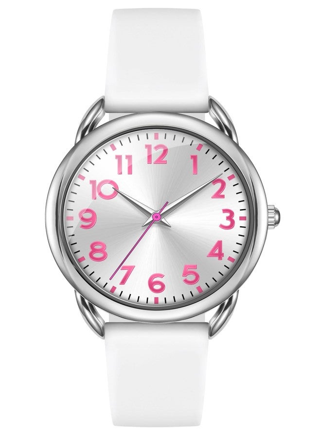 Bisley 36MM White Watch for Women Silicone Strap Pink Arabic Number Easy to Read Watch - Image 1