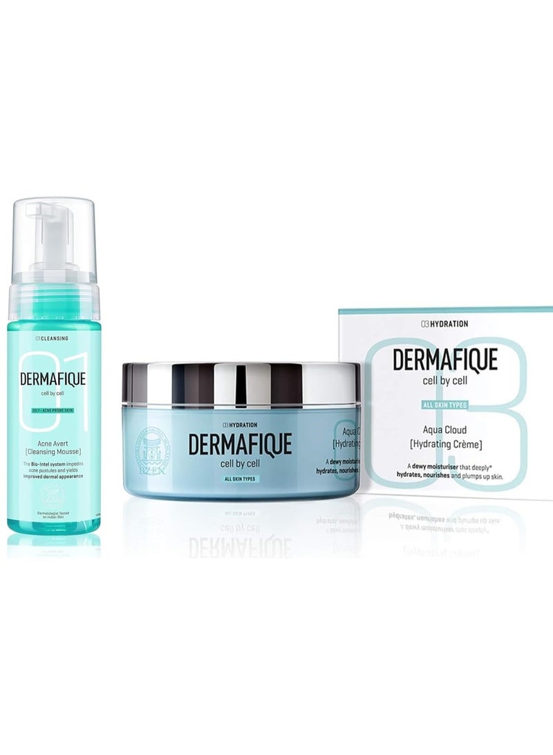 Dermafique Acne Avert Cleansing Mousse Facewash For Oily To Acne Prone Skin Dermatologist Tested P & Aqua Cloud Hydrating Crã¨Me For All Skin Types Dermatologist Tested Face And Body Cream - Image 1