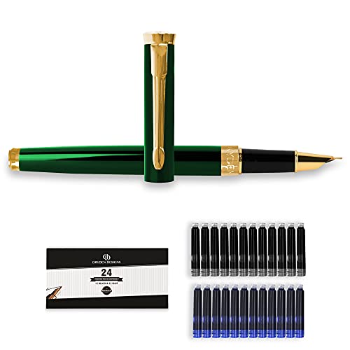 Dryden Designs Fine Nib Fountain Pen - Includes 24 Ink Cartridges - 12 Black and 12 Blue - Emerald Green - Smooth Elegant Writing with Fine Nib and Ink Converters - Image 1
