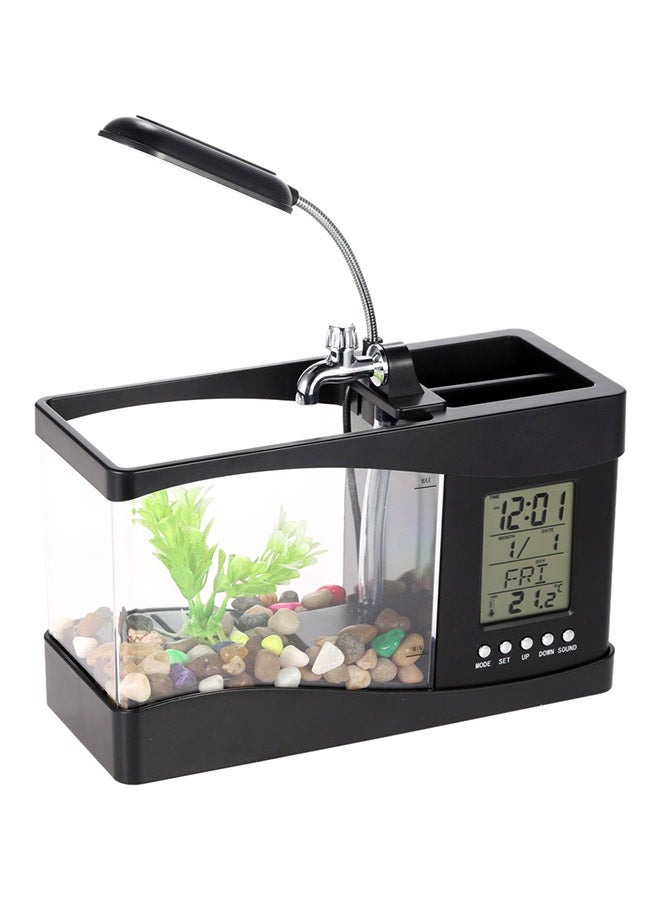 إسكدنيا حوض سمك صغير مكتبي مزوّد بشاشة LCD ذات ساعة مع مصباح بإضاءة LED ومنفذ USB طراز lym H4874 أسود / شفاف 24x20x9.7سم - Image 2