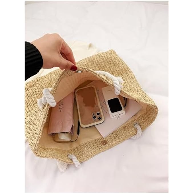 rayihni Womens Straw Tote Bag Weave Beach Bag Double Handle Travel Shoulder Bag Ideal Birthday and Festival Gift - Image 4