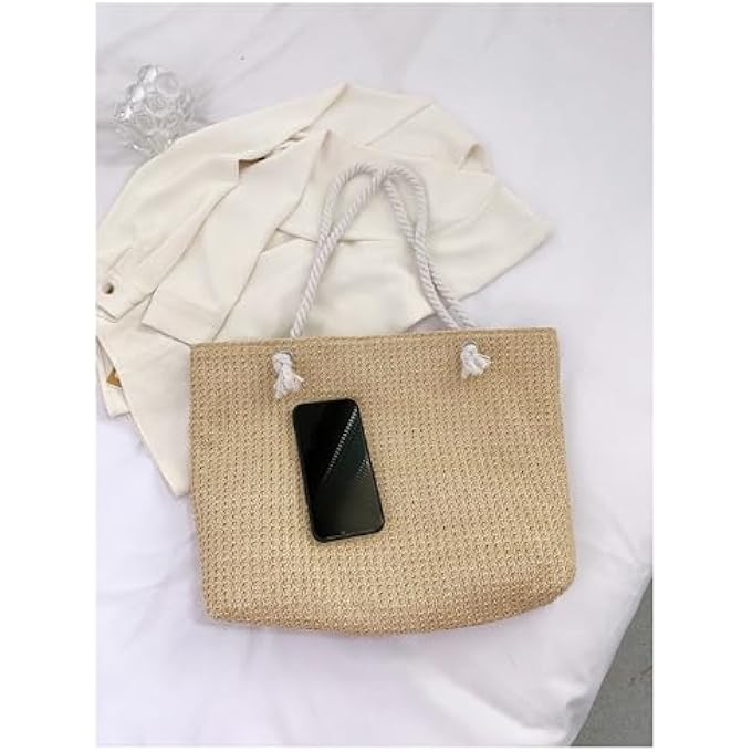 rayihni Womens Straw Tote Bag Weave Beach Bag Double Handle Travel Shoulder Bag Ideal Birthday and Festival Gift - Image 5