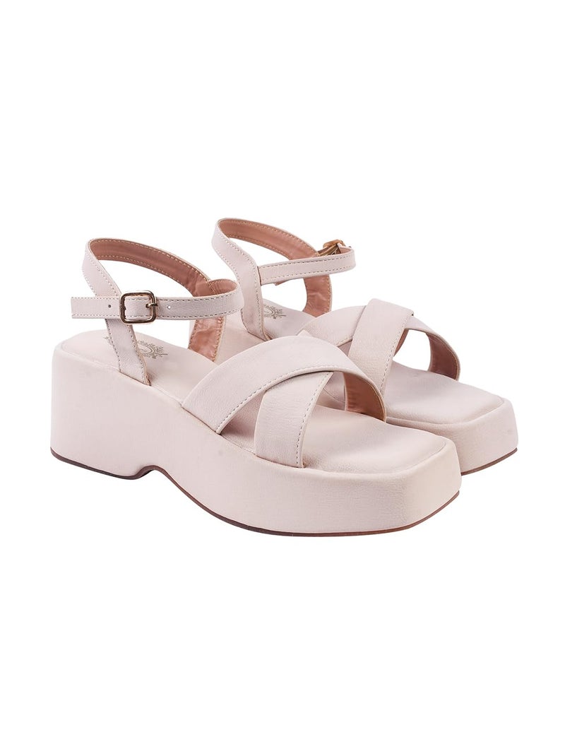 Shoetopia Women’s Cream Block Heel Sandals with Ankle Strap | Stylish Comfortable Platform Heels for Casual, Party & Daily Footwear EU36 - Image 1
