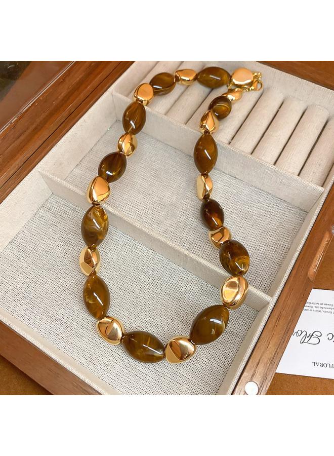 Maillard Brown Tiger Eye Crystal Beaded Necklace Niche Retro Clavicle Chain Personality Fashion Design Necklace 
