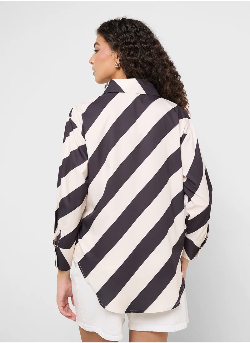 جينجر Monochrome Stripe Button Down Oversize Shirt