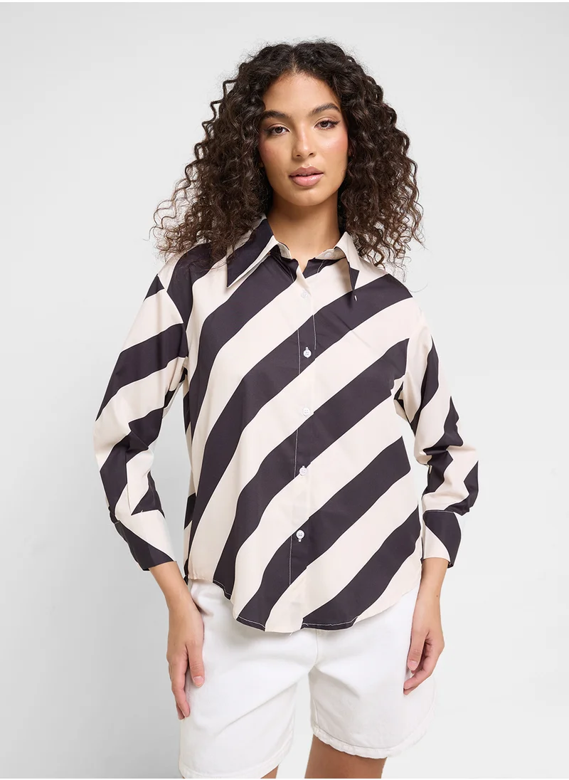 جينجر Monochrome Stripe Button Down Oversize Shirt