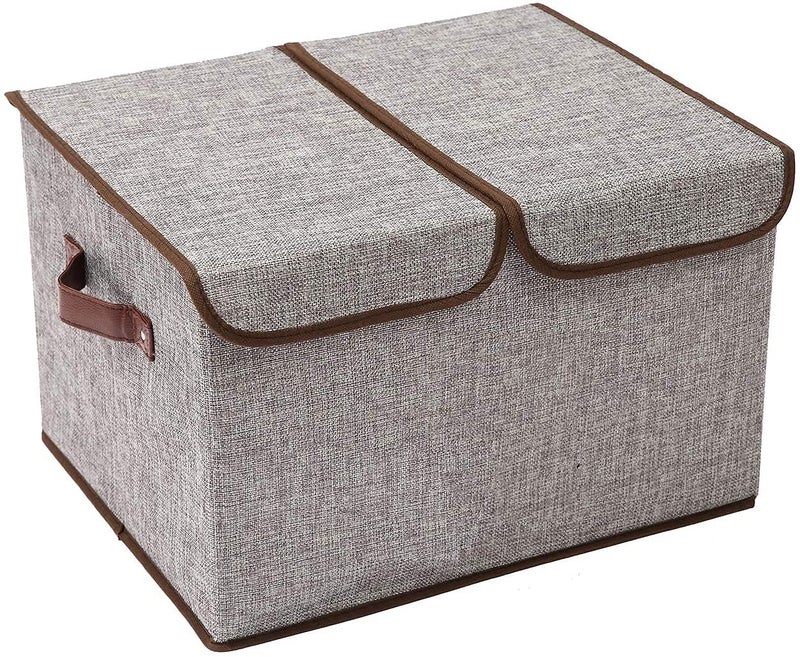 Merayo Linen Fabric Foldable Rectangular Cloth Storage Organizer Box with Lid and Handles - Grey , 18.1 x 11.8 x 9.8 inches - Image 4