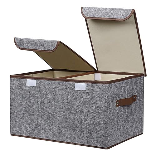 Merayo Linen Fabric Foldable Rectangular Cloth Storage Organizer Box with Lid and Handles - Grey , 18.1 x 11.8 x 9.8 inches - Image 1