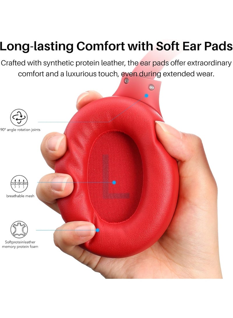 TOZO HT2 Hybrid Active Noise Cancelling Headphones, Wireless Over Ear Bluetooth Headphones, 60H Playtime, Hi-Res Audio Custom EQ via App Deep Bass Comfort Fit Ear Cups, for Home Office Travel Red - Image 2