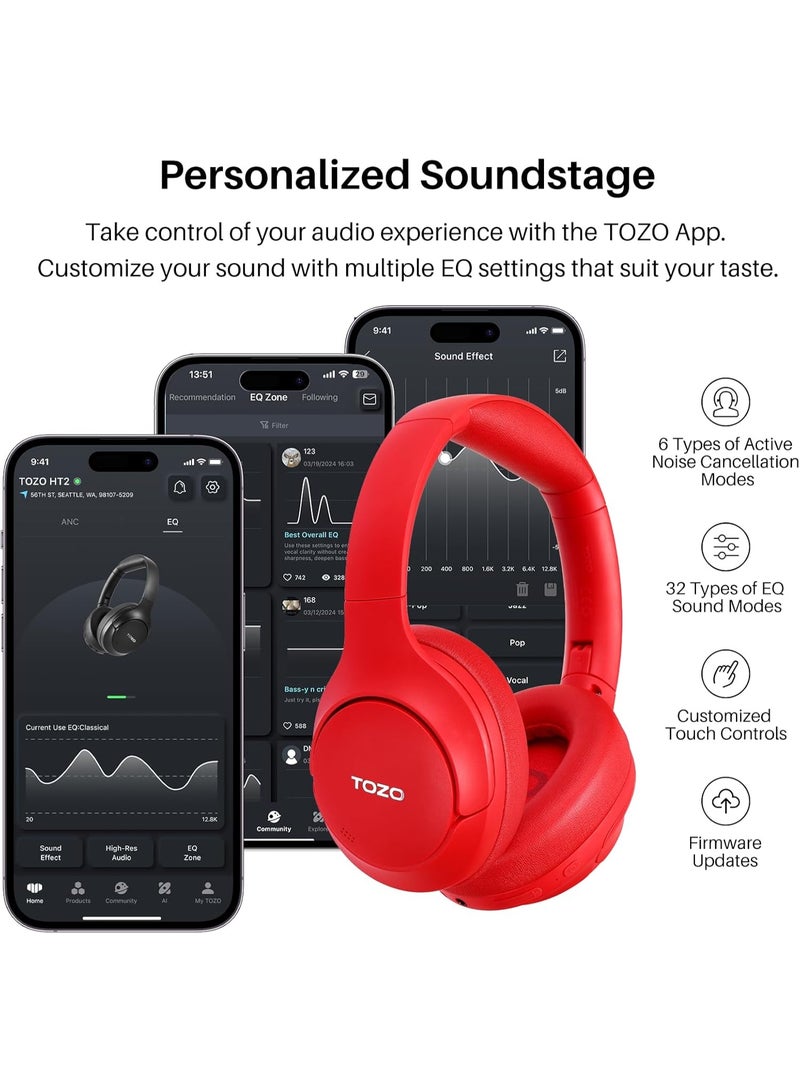 TOZO HT2 Hybrid Active Noise Cancelling Headphones, Wireless Over Ear Bluetooth Headphones, 60H Playtime, Hi-Res Audio Custom EQ via App Deep Bass Comfort Fit Ear Cups, for Home Office Travel Red - Image 3