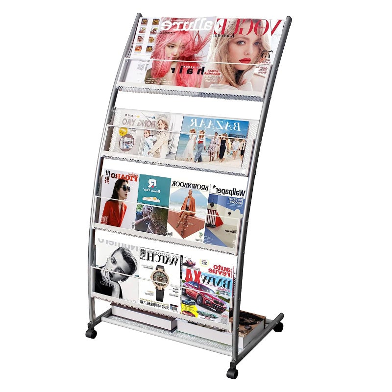 LIWSHWZ LIWSHWZ Magazine Rack Floor StandingBrochure Display Stand 4 Pockets Metal Literature StandNewspaper Rack with Wheels for Trade Show Exhibitions Office Retail Store 
