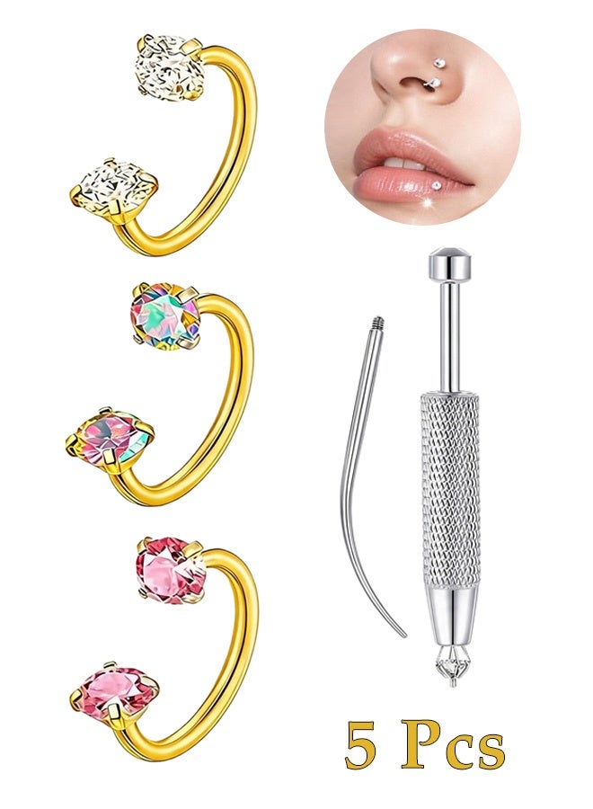 Quantum 5 Pcs Stainless Steel Horseshoe Nose Ring Set for Women Curved Nose Hoop Piercing Jewelry with Piercing Tool Kit - Multi‑Color Zircon Gems Nose Hoop Rings Hypoallergenic Nose Piercings Jewelry for Nose, Lip, Ear Cartilage - Image 1
