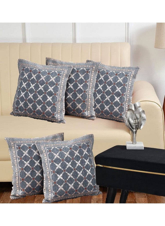 DECOMIZER Jacquard Geomteric Cushion Covers 16 Inch X 16 Inch Set Of 5 Ethnic Motifs Cushion Covers,Design- Criss-Cross,Color- Grey, 240 TC - Image 1